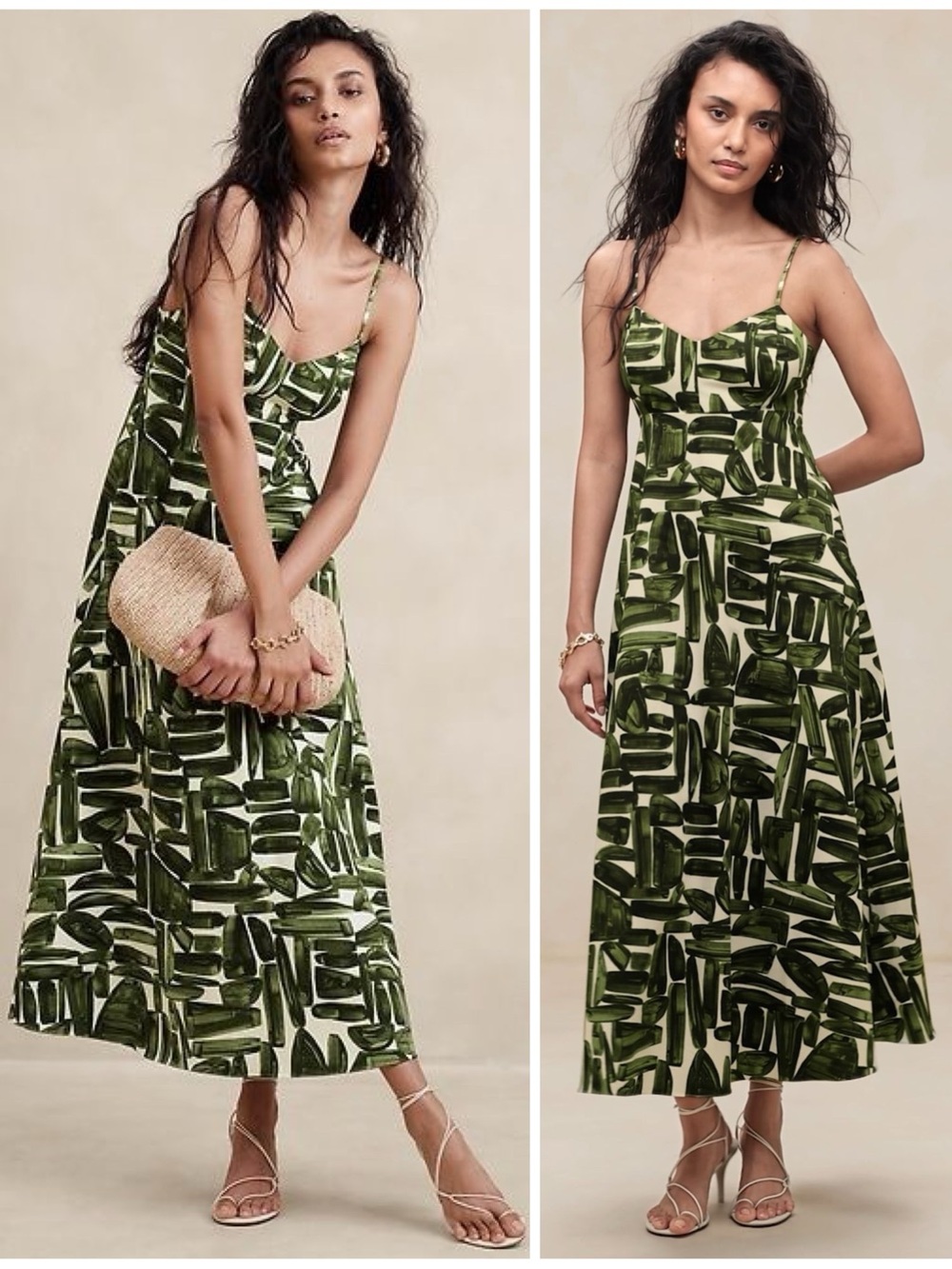Banana Republic Poplin Cut-Out Maxi Long Dress Women’s 14 Green Printed Cotton